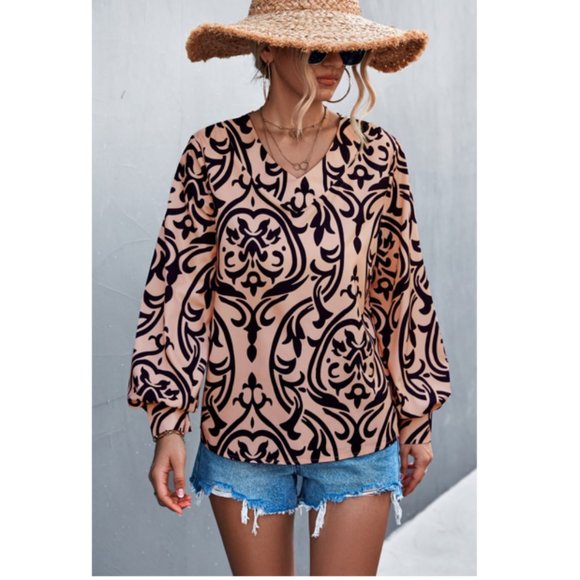 A Classy Chic Boutique Tops - Damask Lantern Sleeve V-Neck Top